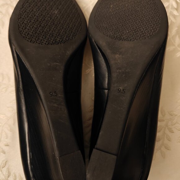Tory Burch Benton Peep Toe Nappa Leather Black Wedge Heels Size 9.5 - Picture 6 of 7